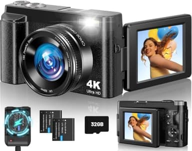 4K Digital Camera for Photography Autofocus, 48MP Vlogging Camera with Flash 16X Zoom 32G SD Card, 2 Batteries, 3" 180°Flip Screen Compact Travel Camera for Teens