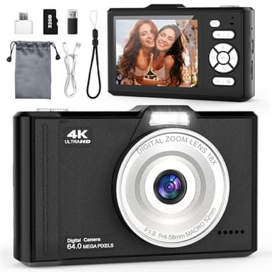 QIVORO Digital Camera 4K 64MP Compact Portable Photo Camera,18X Digital Zoom Autofocus | Anti-Shake,2.8" IPS Screen with 32GB SD Card & OTG Adapter,Vlogging Camera for Kids Teens Beginners Students